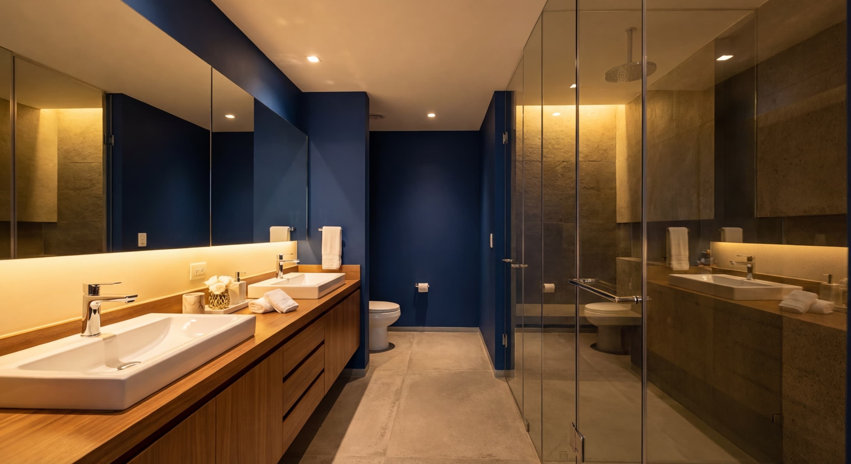 Render 3D fotorrealista de baño con paredes azul marino y cerámica beige