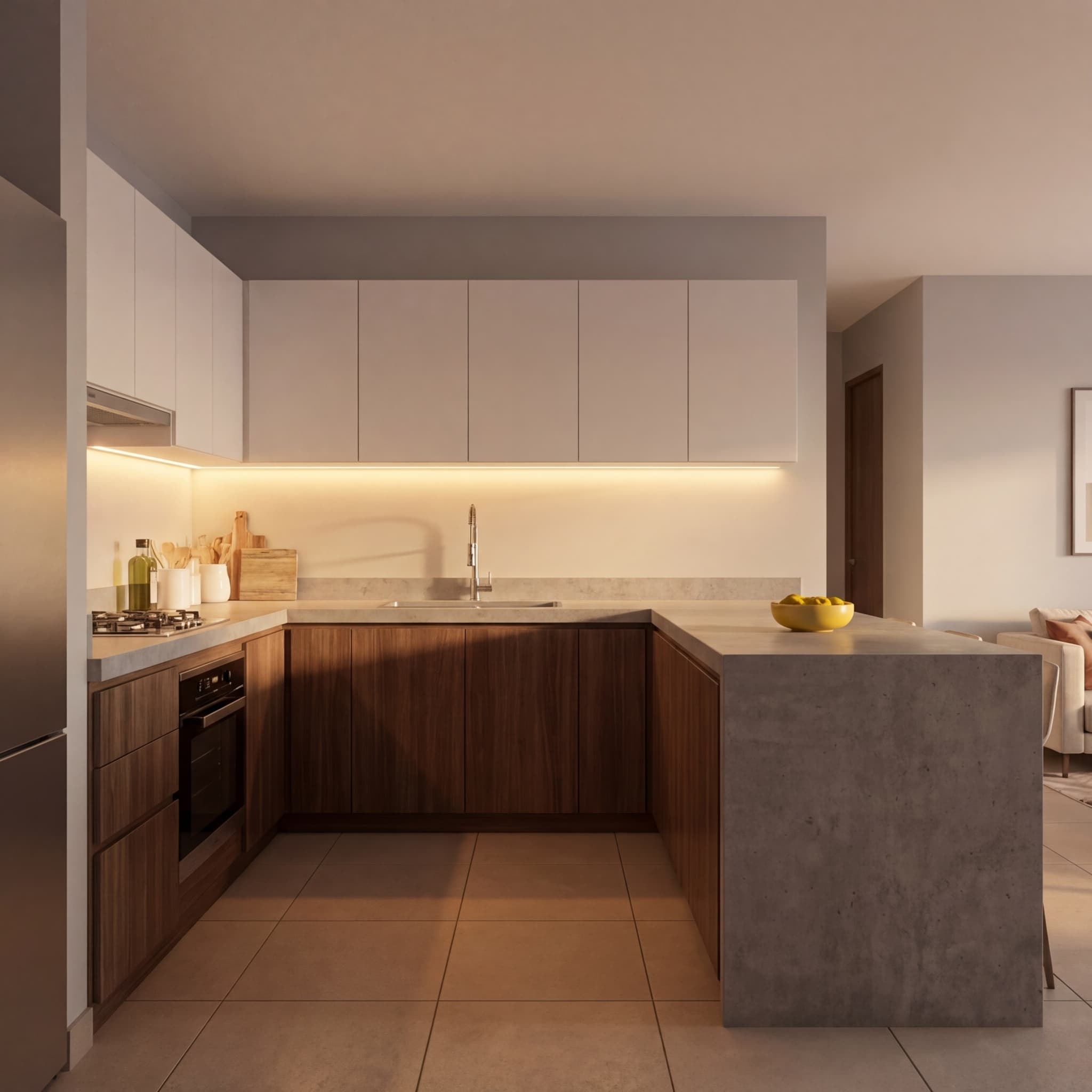 Render 3D fotorrealista de cocina contemporánea