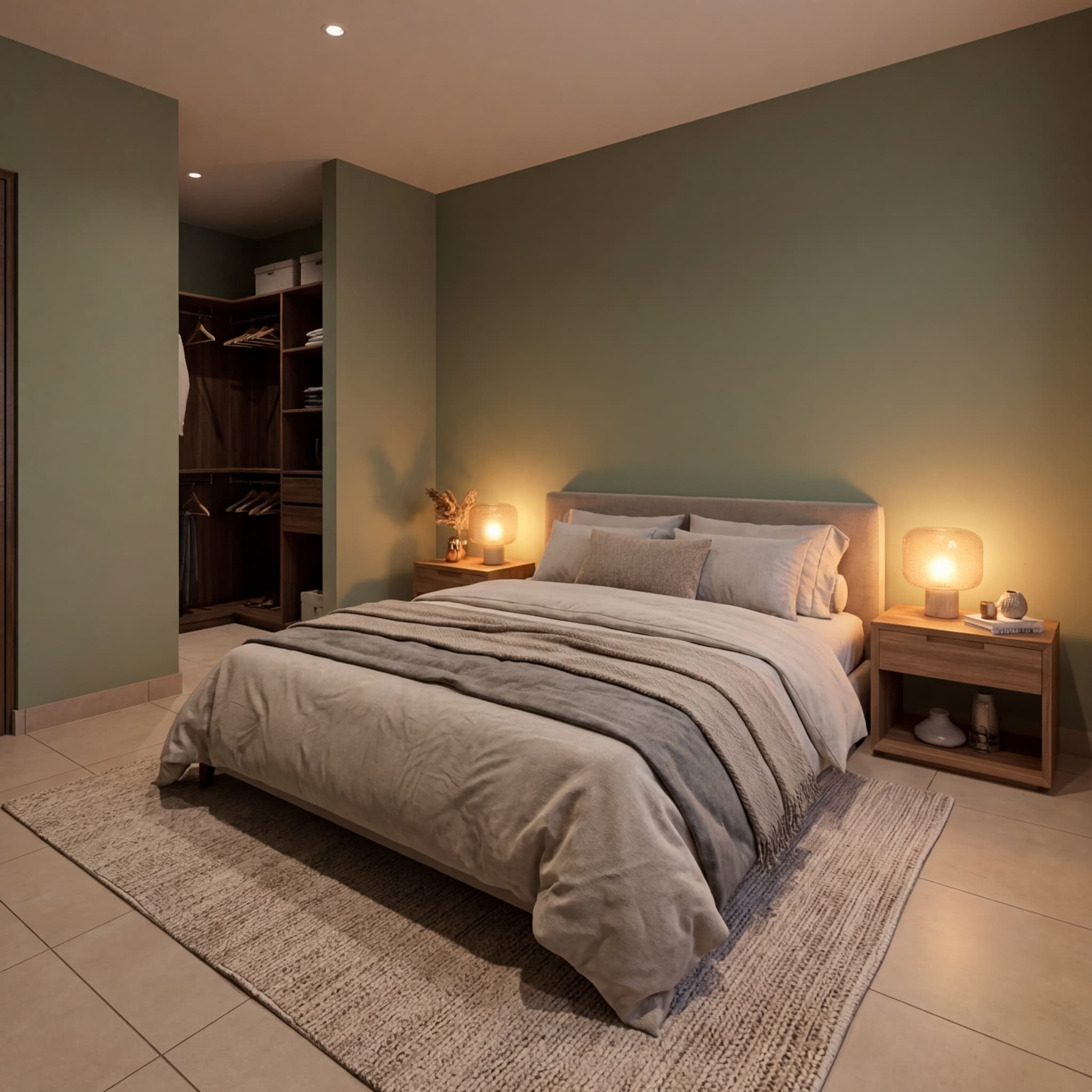 Render 3D fotorrealista de habitación con paredes verdes y piso de madera