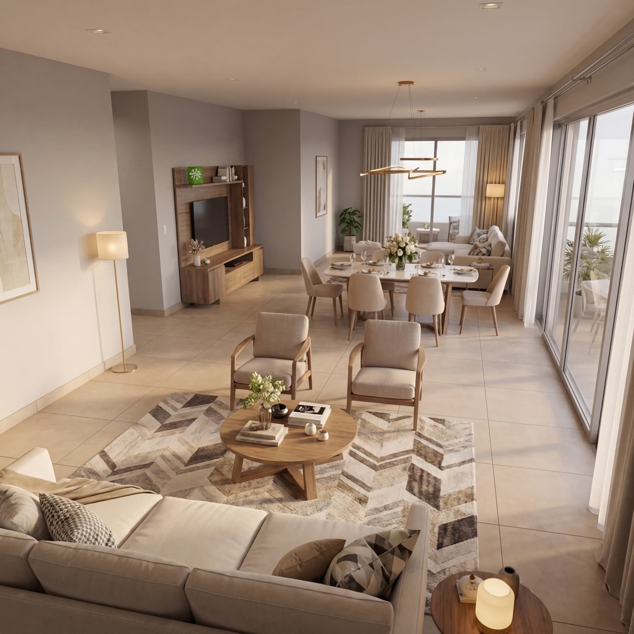 Render 3D fotorrealista de sala de estar moderna